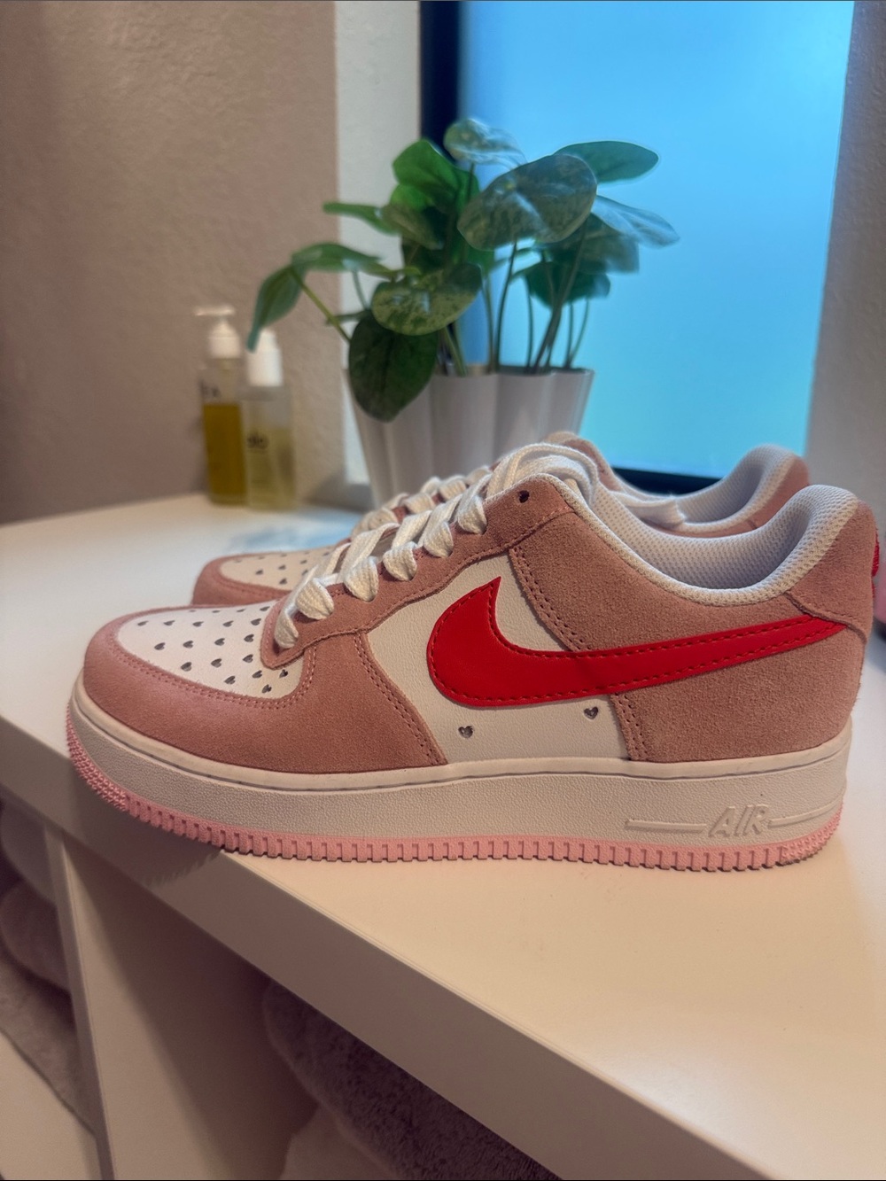 Nike Air Force Ones Pink and Red Low-Top Sneakers with White Panels